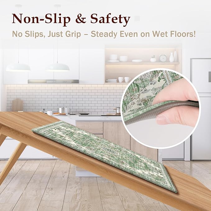 Boho Kitchen Mats for Floor 2 Piece Set Anti Fatigue Cushioned PVC Kitchen Rugs Non Slip Waterproof Farmhouse Mats 2/5 Inch Comfort Standing Mat for Sink, Laundry, 17.3"x47"+17.3"x28", Spring Green