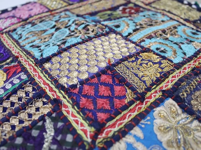 Mam Treasures Indian Bohemian Decorative Pillow Vintage Cushion Cover Patchwork Square Floor Pillow Cover Meditation Cushion Large Floor Pillow Indian Cushion (Dark Blue, 16 X 16 X 5 Inch)