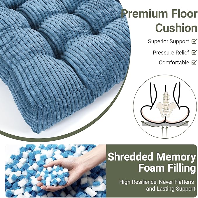 Meditation Floor Pillow Set of 2,Memory Foam Meditation Floor Cushions for Adults Sitting, Large Square Thickened Seat Cushion for Yoga, Tatami Living Room (2, Navy)