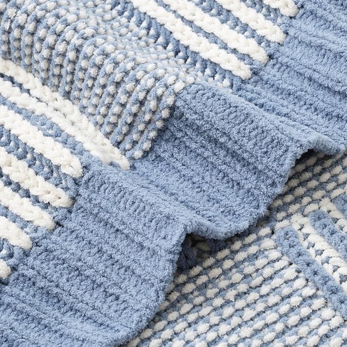 Amélie Home Checkered Knit Throw Blanket for Couch, Chenille Texture Decorative Soft Blanket for Sofa & Chair, 60"x80", Blue & Ivory