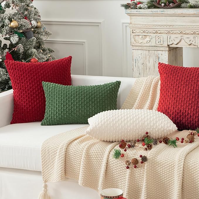 Kevin Textile Valentines 12x24 Inch Pillow Cover 1 Pack Boho Decorative Soft Striped Corduroy Lumbar Farmhouse Color Accent Rectangle Cushion Case for Living Room Couch Sofa Bed, Red