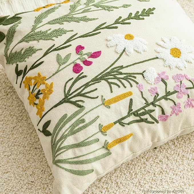 AVOIN colorlife Spring Summer Floral Daisy Embroidered Throw Pillow Cover, 18 x 18 Inch Colorful Flowers Decorative Tufted Patterned Linen Cushion Case for Sofa Couch