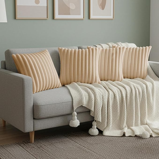 Khaki Throw Pillow Covers 16 x 16 Set of 4, Cute Boho Throw Pillow Cover for Couch/Bed, Decorative Pillows Covers for Sofa/Bed, Accent Pillow Covers for Living Room, Rustic/Home/Room Decor