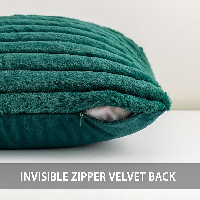 Pack of 2 Faux Fur Fall Throw Pillow Covers 24x24 Inch, Soft Plush Striped Neutral Couch Pillow Cover, with Velvet Back Modern Home Decor for Sofa Living Room Couch Bed Blackish Green