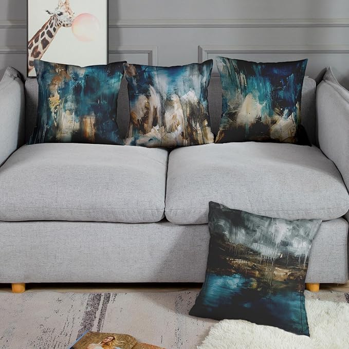 Emvency Set of 4 Throw Pillow Covers Modern Abstract Messy Teal Turquoise Black and Brown Retro Painting Decorative Pillow Cases Home Decor Standard Square 16x16 Inches Pillowcases
