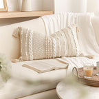 BlissBlush Decorative Lumbar Pillow Cover 14x24, Cream White Boho Accent Throw Pillow Case for Couch Sofa Bed, Modern Farmhouse Textured Lumbar Cushion Bedroom Living Room, Cover ONLY