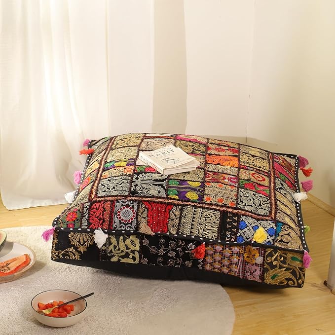 THE ART BOX Cotton Patchwork Vintage Boho Embroidered Floor Pillows & Cushion Cover Dog Pouf Seating Pouf Meditation Pillow Pet Bedding Cat Bed Boho Home Décor (35x35 Inches, Cover Only)