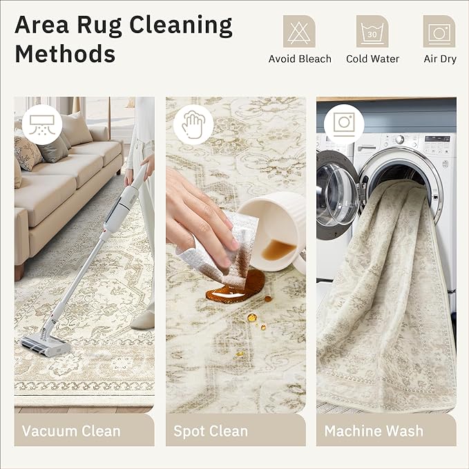 4x6 Area Rugs for Living Room, Vintage Washable Rugs for Dining Room, Bedroom, Home Office Decor, Non-Slip Beige/Brown Carpet Thin Rug
