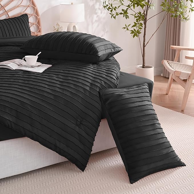 JELLYMONI Pillowcases King Size Black 2 Pack Boho Striped Bed Pillow Covers 20x36in Polyester Envelope Pillow Shams Tufted Bohemian Textured (Pillows are not Included)