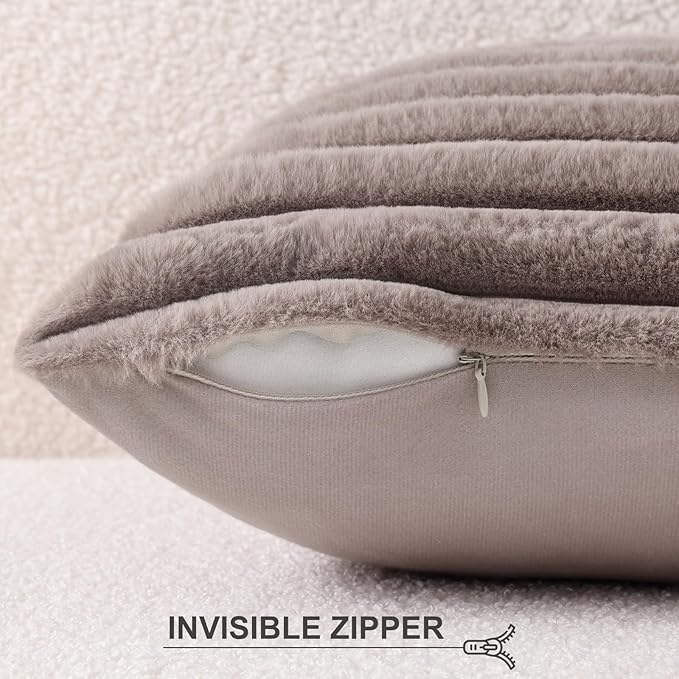 Pallene Faux Fur Plush Throw Pillow Covers 24x24 Set of 2, Luxury Soft Fluffy Striped Decorative Pillow Covers for Sofa, Couch, Living Room, Light Coffee