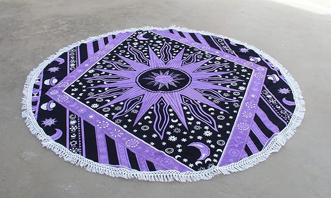 Round Beach Tapestry Turquoise Mandala Throw/Boho Hippie Beach Blanket Roundie/Indian Cotton Bohemian Large Round Table Cloth-Home Decor/Yoga Mat Meditation Picnic Rug (42", Purple)