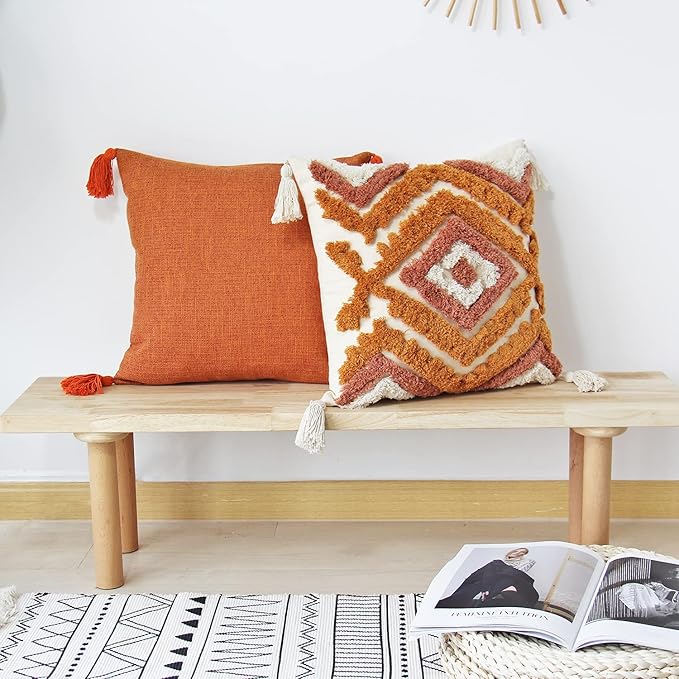 JOJUSIS Boho Throw Pillow Covers with Handmade Tassels Decorative Woven Tufted Burnt Orange Pillowcase for Couch Bedroom 18 x 18 Inch