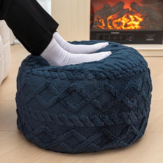 Round Pouf Ottoman Stuffed 20x12 Inches Floor Pouf Chair for Living Room Bedroom Modern Foam Pouf Ottoman Foot Rest for Couch Home Decor Pouffe Dark Blue