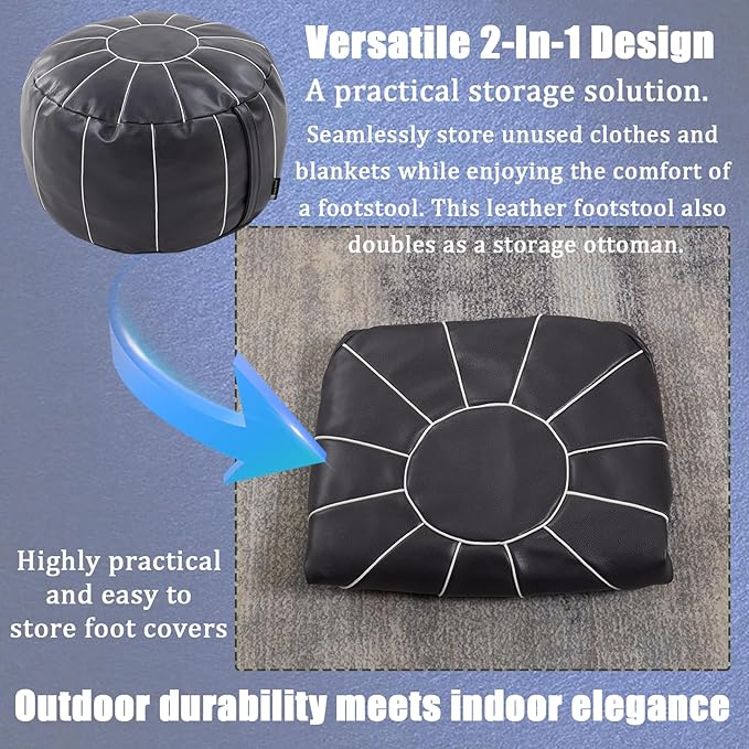 Louis Donné Unstuffed Pouf Ottoman Cover, Faux Leather Foot Stool for Foot Rest, Moroccan Style Ottomans, 21" Round Handmade Small Bean Bag Covers for Storage, Footstools for Living Room(ONLY Cover)