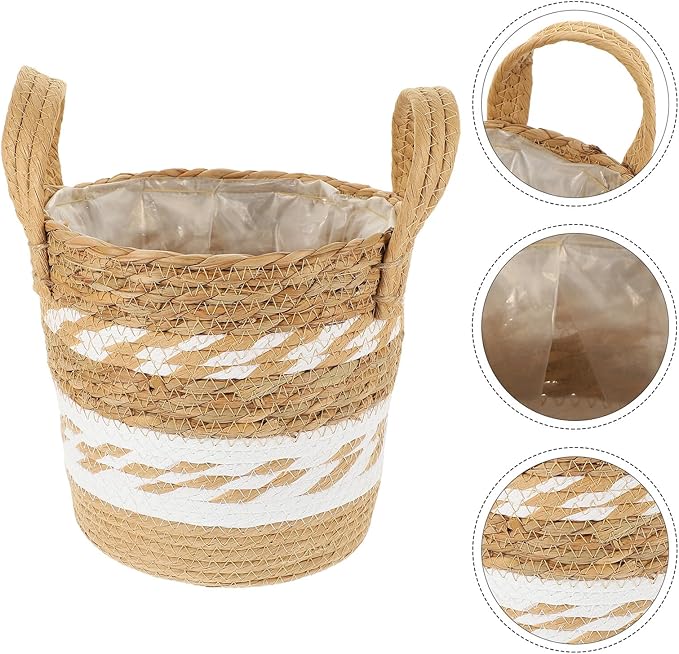Happyyami Woven Seagrass Plant Basket Planter for Indoor Plants, Large Handwoven Straw Planter with Liner, Floor Storage Basket for Home and Garden Decor