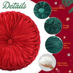 2 Pcs Round Throw Pillows 15 Inch Decorative Velvet Pleated Pumpkin Pillows Boho Floor Pillow with Center Button for Living Room Couch Chair Bed Sofa Home Decoration (Red and Green)