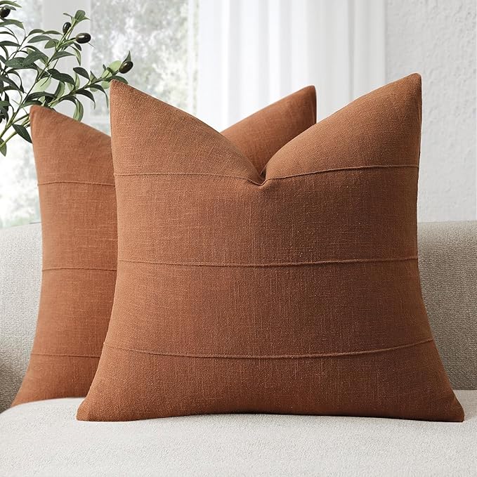 ZWJD Decorative Linen Throw Pillow Covers 22x22 Set of 2 Solid Handcrafted Striped Throw Pillows for Bed Soft Modern Farmhouse Neutral Pillowcase for Couch Bedroom Living Room Home Decor(Rust)