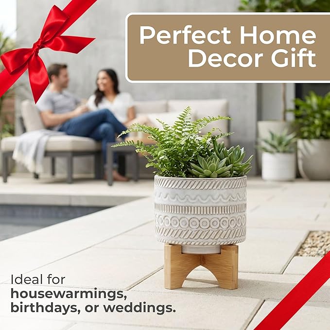 Ceramic Planter with Elevated Stand – Bamboo Indoor Plant Stand, Display for Greenery, Shelf or Patio Placement – Tribal Boho Design for Sculptural Height, Home Decor, Outdoor Decor – 8", Ivory