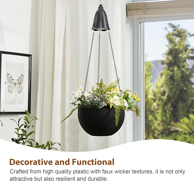 Glitzhome 30" H Hanging Planter with Solar Lights, Black Plastic Garden Planting Pot for Patio Front Porch Balcony or Inside Home, Set of 2