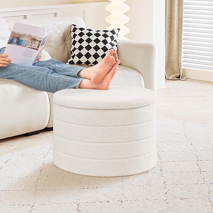 PINPLUS Round Ottoman with Stroage, Boucle Storage, Foot Stool Foldable Coffee Table Ottoman for Living Room, Bedroom, Dorm (White)