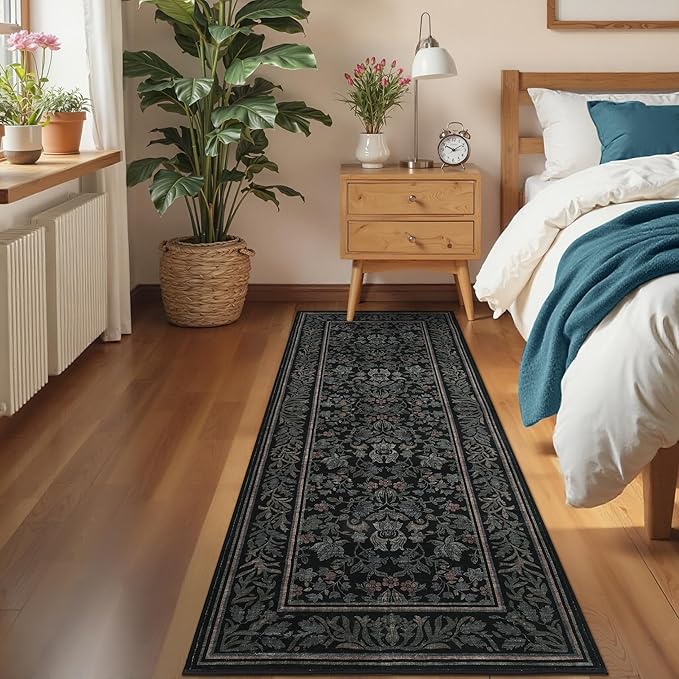 GarveeHome Runner Rugs 2x6 Kitchen Runner Rug Non Slip Washable Runners for Hallways, Boho Vintage Rugs with Rubber Backing Low-Pile Indoor Carpet for Entryway Bedroom Black