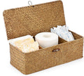 Sumnacon Small Woven Basket for Shelf, Wicker Shelves Storage Baskets with Sections Seagrass Storage Bin with Lid for Tampon Toiletry Rectangular Storage Basket for Bathroom Table Desk Caramel