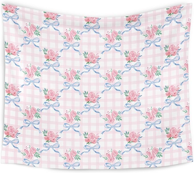 WARDOS Coquette Blue Bow Tapestry, Coquette Room Decor, Preppy Pink Rose Floral Tapestry, Cute Preppy Room Decor Teen Girls, Girly Bedroom Decor, Coquette Stuff, 50x60 Inch