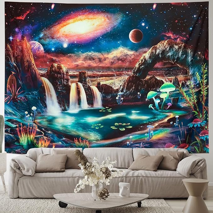 Lahasbja Blacklight Galaxy Panet Tapestry UV Reactive Waterfall Landscape Wall Decor Fantasy Mountain Wave Wall Tapestry Mysterious Neon Plants Wall Hanging for Room