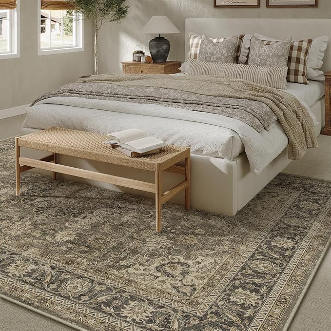 6x9 Washable Brown Area Rug Vintage Living Room Bedroom Carpet Non-Slip Soft Low Pile Distressed Indoor Throw Rug for Dining Room Entryway Office