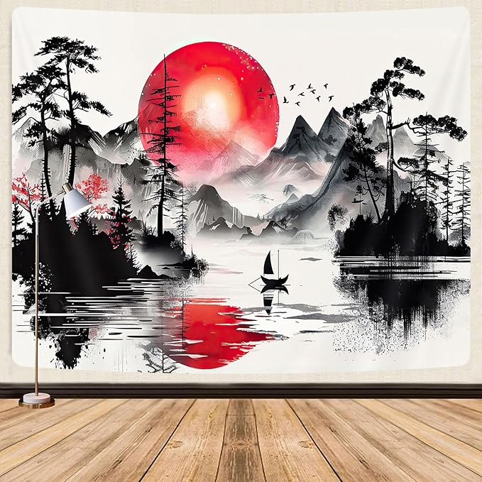 Japanese Red and Black Forest Tapestry, Anime Mountain Tree Sun Aesthetic Tapestry Wall Hanging for Men, Cool Asian Dark Nature Landscape Tapestries Ink Art Decor for Living Room College Dorm, 60X40IN