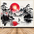 Japanese Red and Black Forest Tapestry, Anime Mountain Tree Sun Aesthetic Tapestry Wall Hanging for Men, Cool Asian Dark Nature Landscape Tapestries Ink Art Decor for Living Room College Dorm, 60X40IN