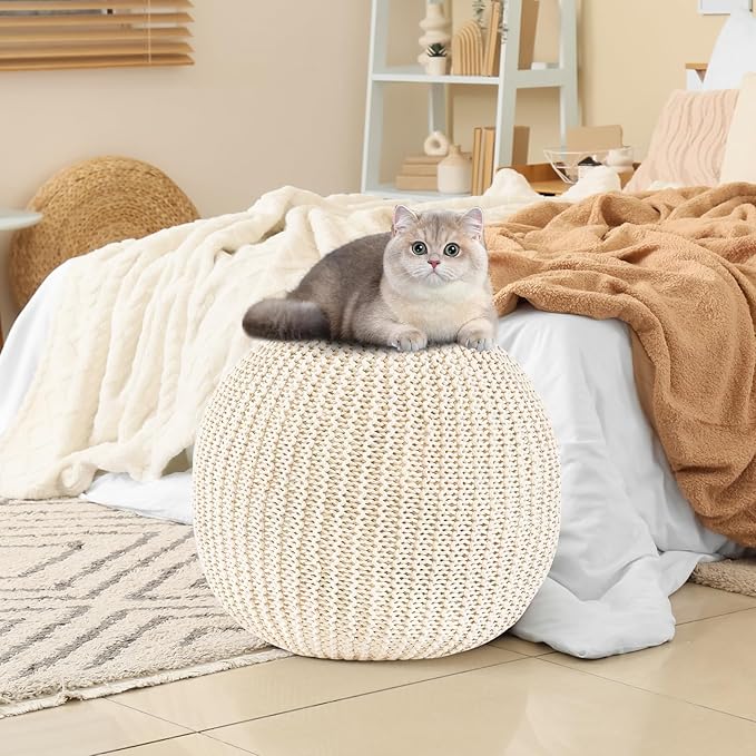 Pouf Ottoman Stuffed Round Modern Foam Filled Foot Rest Poufs for Living Room Chair Decorative 20 X 14 Inches Boho Relax Stool for Wedding Christmas Party, Beige (Beige, 20inch)