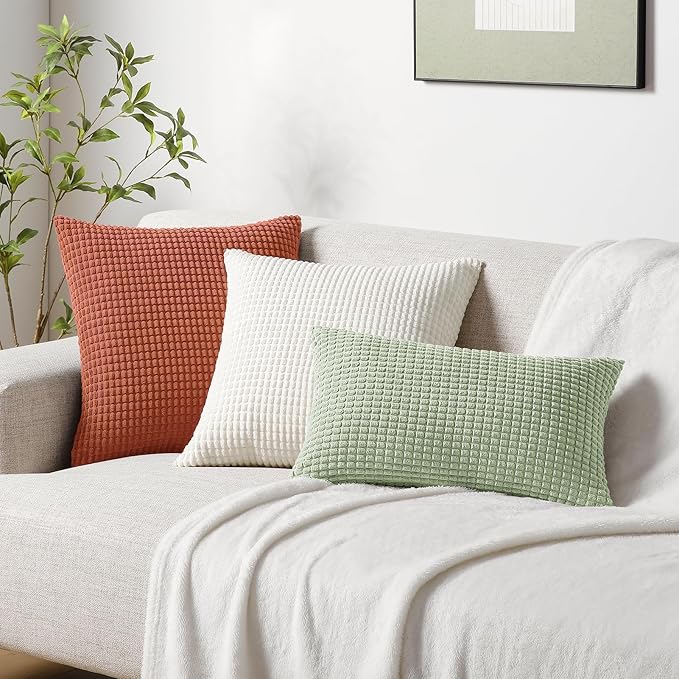 Softalker Fall Decorative Throw Pillow Covers 20 x 20 Inch, Set of 2, Thanksgiving Autumn Harvest Super Soft Corduroy Boho Striped Pillowcases for Couch Sofa Living Room Bed Home Decor, Burnt Orange