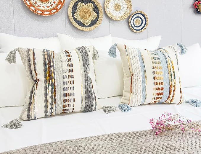 Boho Throw Pillow Covers 16x16 Aesthetic Neutral Boucle Couch Pillow Cover Rainbow Striped Decorative Accent Pillow Case for Couch Bed Sofa Farmhouse,Modern Funky,Set of 2 Brown-Grey
