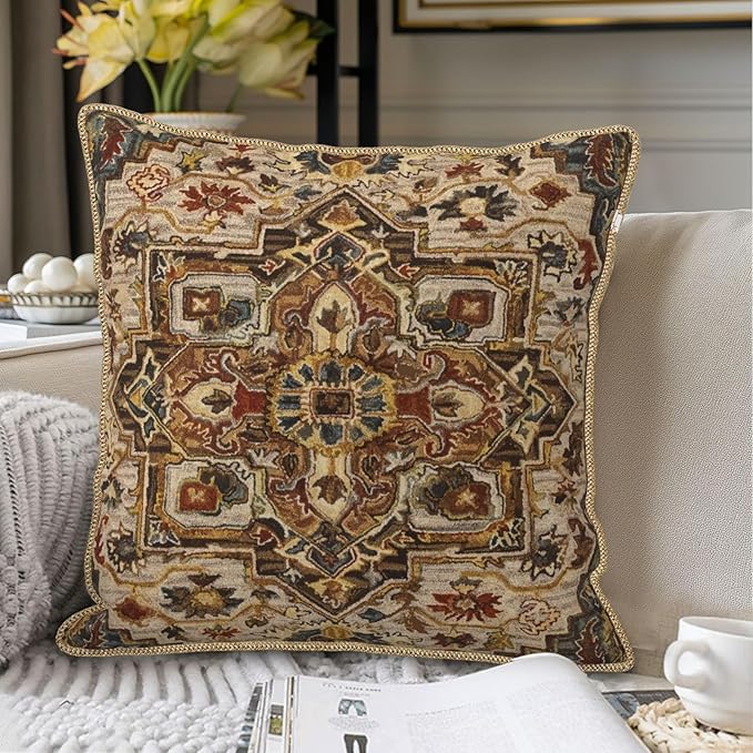 KSLIDS Boho Brown Soft Velvet Throw Pillow Covers Set of 2 Vintage Bohemian Rug Carpet Decorative Pillow Covers 18x18 Inch Antique Ethnic Pillow Case for Sofa Couch Living Room Home Decor
