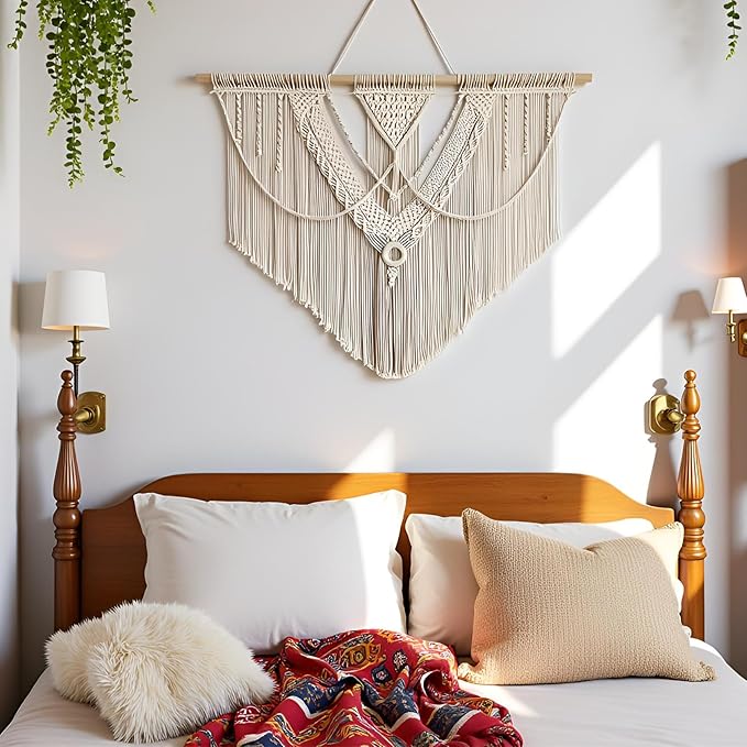 guzhiou large macrame wall hanging - Boho Tapestry Macrame Wall Decor Art- Chic Bohemian Handmade Woven Tapestry Home Decoration for Bedroom Living Room Apartment Wedding Party - 43"x32" (Beige-A)