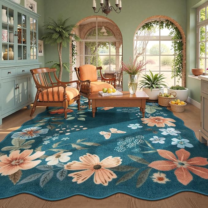 Lahome Floral Washable Rugs 8x10, Non-Slip Soft 8x10 Rugs for Living Room Bedroom, Ultra-Thin Stain Resistant Boho Blue Accent Carpet for Dining Room Office Flore (8x10ft,Navy Blue)