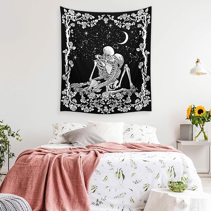 Wonrizon The Kissing Lovers Skull Tapestry,Black and White Romantic Constellation Skeleton Tapestries Wall Hanging decor for Living Room Bedroom (30”x 40”)