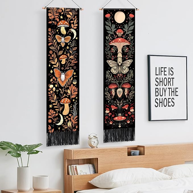 AOHMPT Pack of 2 Long Vertical Tapestry,Nature Landscape Tapestry with Serene Mountain River, Moon & Sun Motifs,Traditional Ink Painting Wall Art,Zen Aesthetic Wall Hanging for Living Room Bedroom Decor 13" W x 51" H"