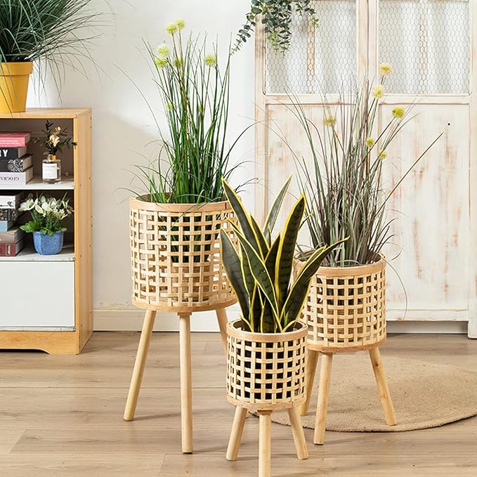 Bamboo Plant Stand,Handmade Woven Plant Stand with Removable Legs,Boho Plant Stand Tall Planters for Indoor Outdoor Plants(Khaki,M)