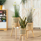Bamboo Plant Stand,Handmade Woven Plant Stand with Removable Legs,Boho Plant Stand Tall Planters for Indoor Outdoor Plants(Khaki,M)