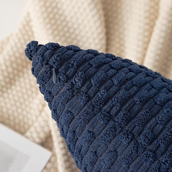 Kevin Textile 12x20 Inch Pillow Cover 1 Pack Boho Decorative Soft Striped Corduroy Lumbar Farmhouse Color Accent Rectangle Cushion Case for Living Room Couch Sofa Bed, Navy Blue