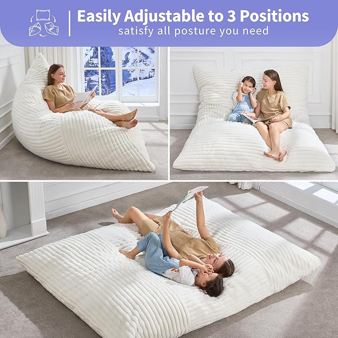 Hobestluk 3 in 1 Bean Bag Chair Giant Bean Bag Chairs Convertible Bean Bag Floor Cushion with Machine Washable Cover, Beanbag Chairs for Adult (White)