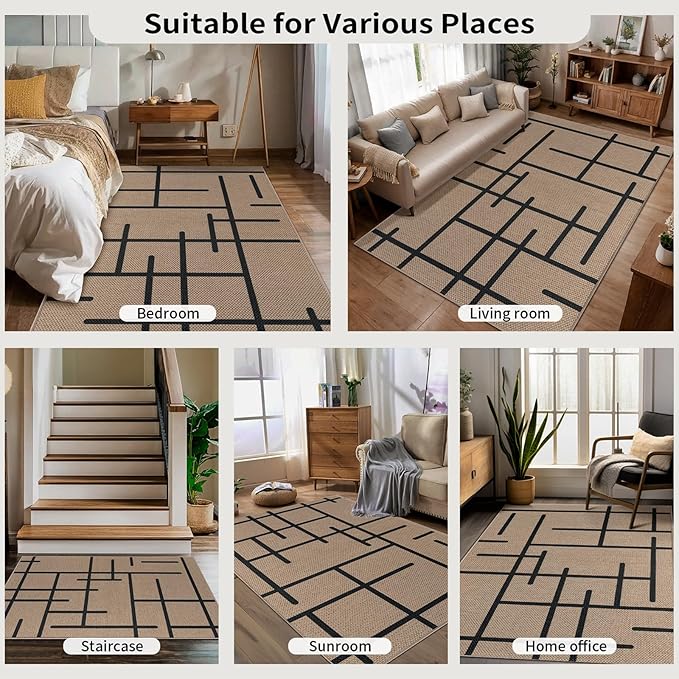 Tangsoo Easy Jute Rug 3x5 for Entryway,Non-Slip Washable Indoor Outdoor Stripe Door Carpet,Farmhouse Ultra Thin Small Throw Mat for Kitchen Bedroom Front Door Patio Blacony
