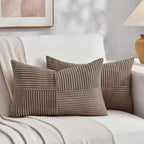 Fancy Homi Set of 2, Light Brown Patchwork Corduroy Decorative Soft Striped Modern Accent Cushion Case Farmhouse Boho Neutral Throw Pillow Covers for Chair Couch Bed Sofa Living Room 24x16 Inch