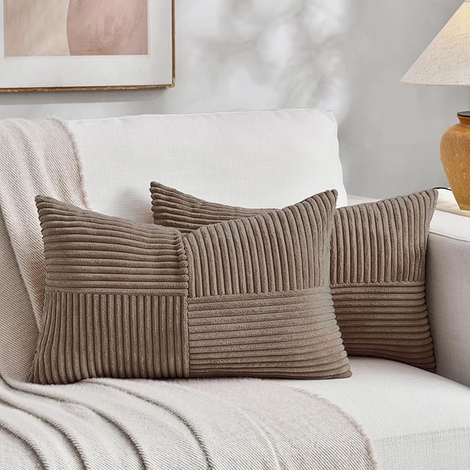 Fancy Homi Set of 2, Light Brown Patchwork Corduroy Decorative Soft Striped Modern Accent Cushion Case Farmhouse Boho Neutral Throw Pillow Covers for Chair Couch Bed Sofa Living Room 24x16 Inch