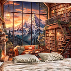 Accnicc Forest Mountain Library Tapestry Fantasy Bookshelf Tapestries Wall Hanging Vintage Watercolor Nature Fairy Library Backdrop Extra Large Tapestry for Bedroom Living Room Classroom 90 x 68 inch