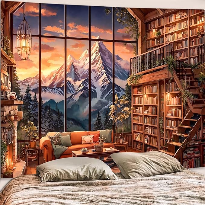 Accnicc Forest Mountain Library Tapestry Fantasy Bookshelf Tapestries Wall Hanging Vintage Watercolor Nature Fairy Library Backdrop Extra Large Tapestry for Bedroom Living Room Classroom 90 x 68 inch
