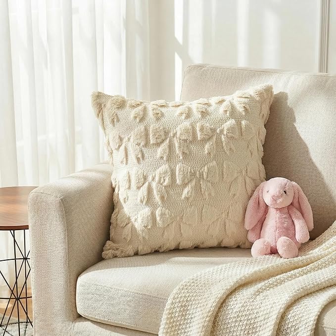 AVOIN colorlife Beige Spring Bow Throw Pillow Covers Set of 2, 18 x 18 Inch Coquette Aesthetic Room Decor Soft Plush Faux Fur Cushion Case for Girls Room