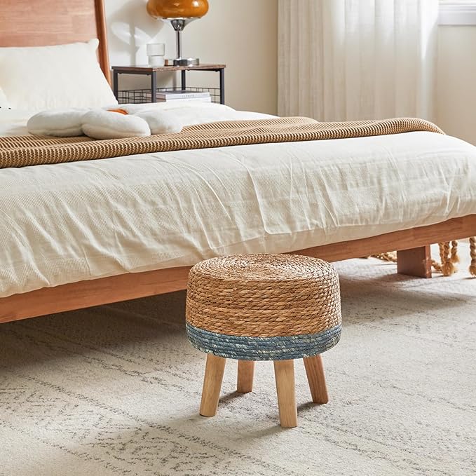 YMYNY Foot Stool Natural Seagrass Hand Weave, 12.6" Small Ottoman, Round Footrest for Living Room, Bedroom, Entryway, Change Shoes Stool, Non-Skid Wood Legs, Boho, Natural+Blue, UHBD027Q